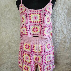 Very J New In Women's Pink Granny Square Dreams Crochet Shorts Annamarie Set M/L